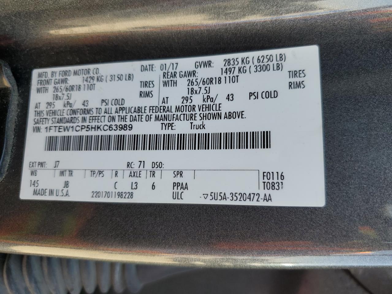 2017 Ford F-150 VIN 1FTEW1CP5HKC63989 Copart auction photo, rear end / undercarriage damage thumbnail 12