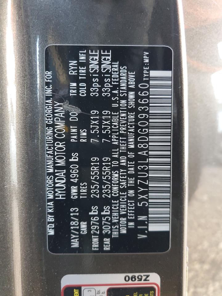 2013 Hyundai Santa Fe VIN 5XYZU3LA8DG093660 Copart auction photo, side / front end damage thumbnail 13