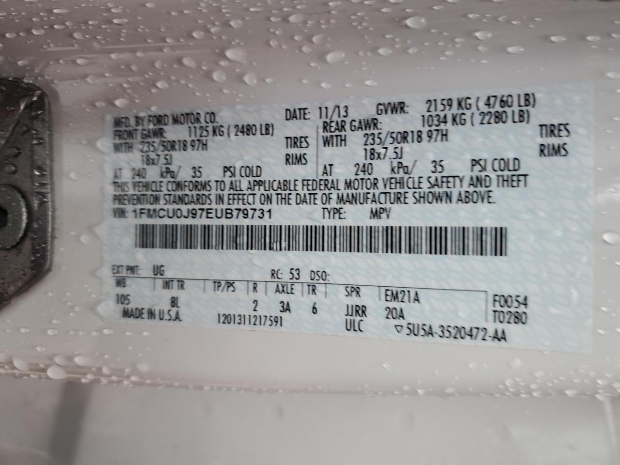 2014 Ford Escape VIN 1FMCU0J97EUB79731 Copart auction photo, front end / minor dent/scratches damage thumbnail 15