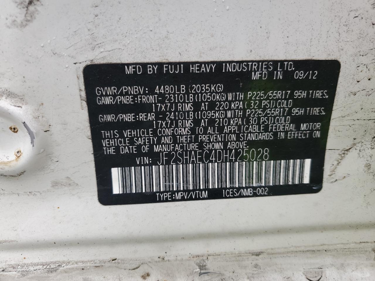 2013 Subaru Forester VIN JF2SHAEC4DH425028 Copart auction photo, side / minor dent/scratches damage thumbnail 13