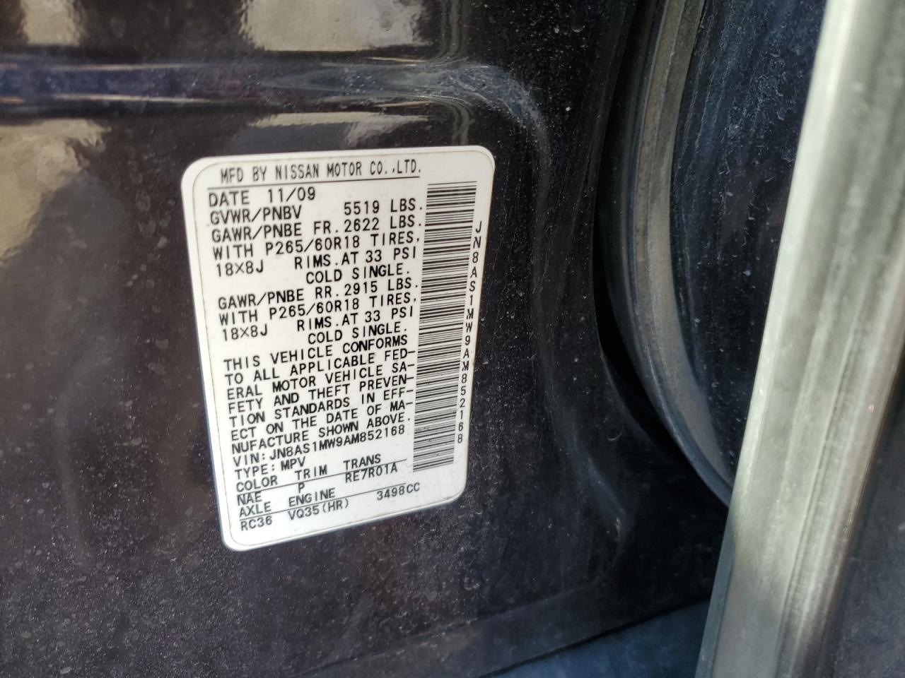 2010 Infiniti FX VIN JN8AS1MW9AM852168 Copart auction photo, front end / minor dent/scratches damage thumbnail 15