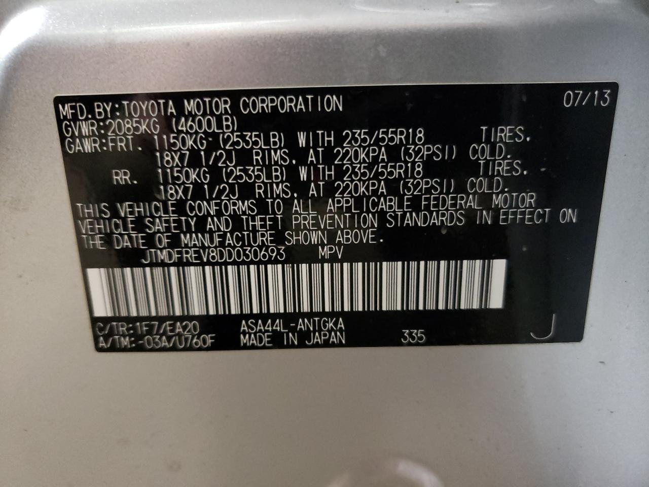 2013 Toyota RAV 4 VIN JTMDFREV8DD030693 Copart auction photo, front end / all over damage thumbnail 13