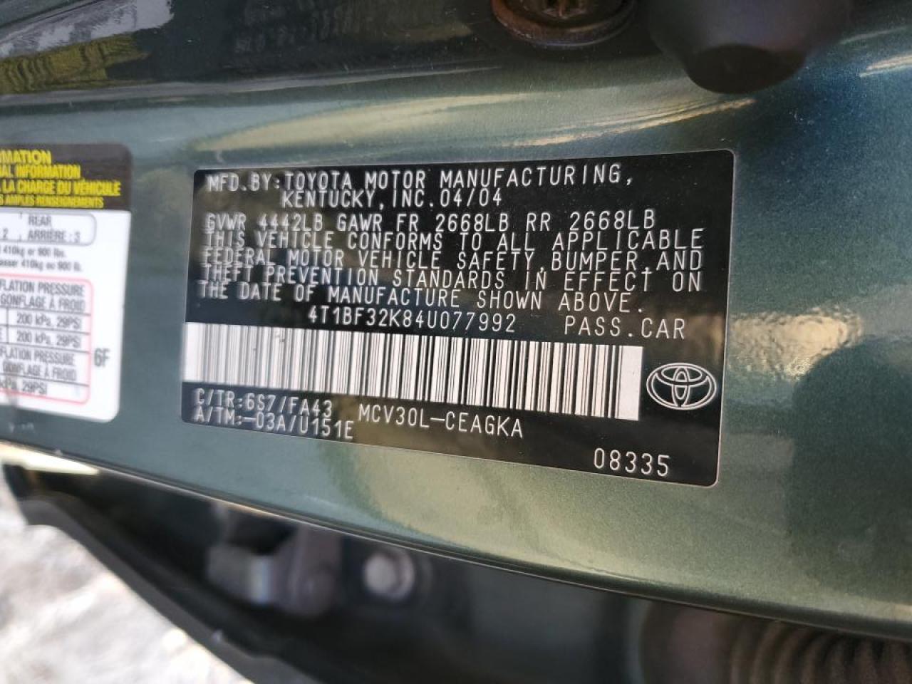 2004 Toyota Camry VIN 4T1BF32K84U077992 Copart auction photo, rear end damage thumbnail 12