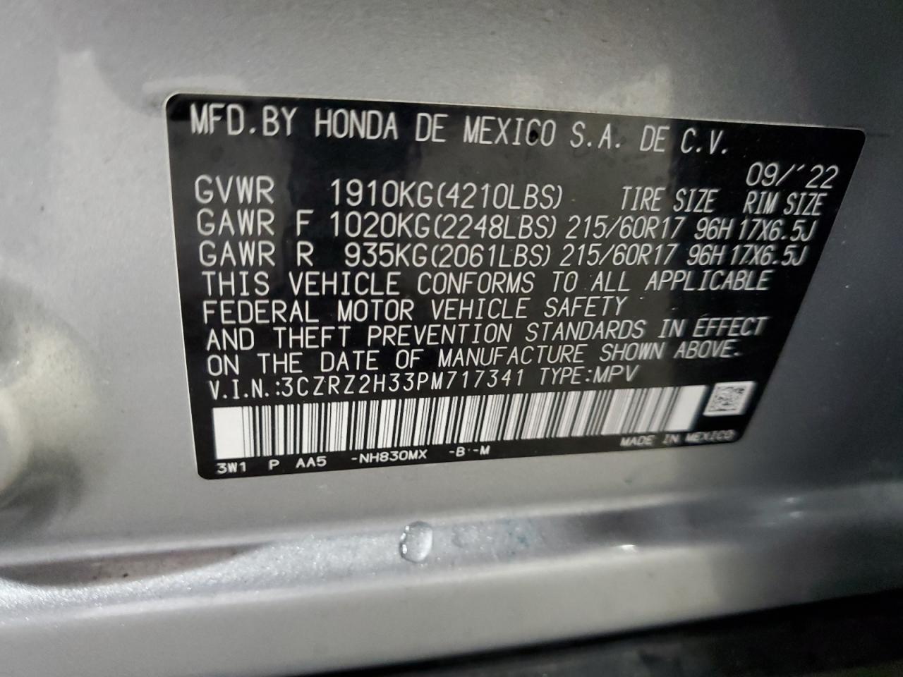 2023 Honda HR-V VIN 3CZRZ2H33PM717341 Copart auction photo, front end damage thumbnail 15
