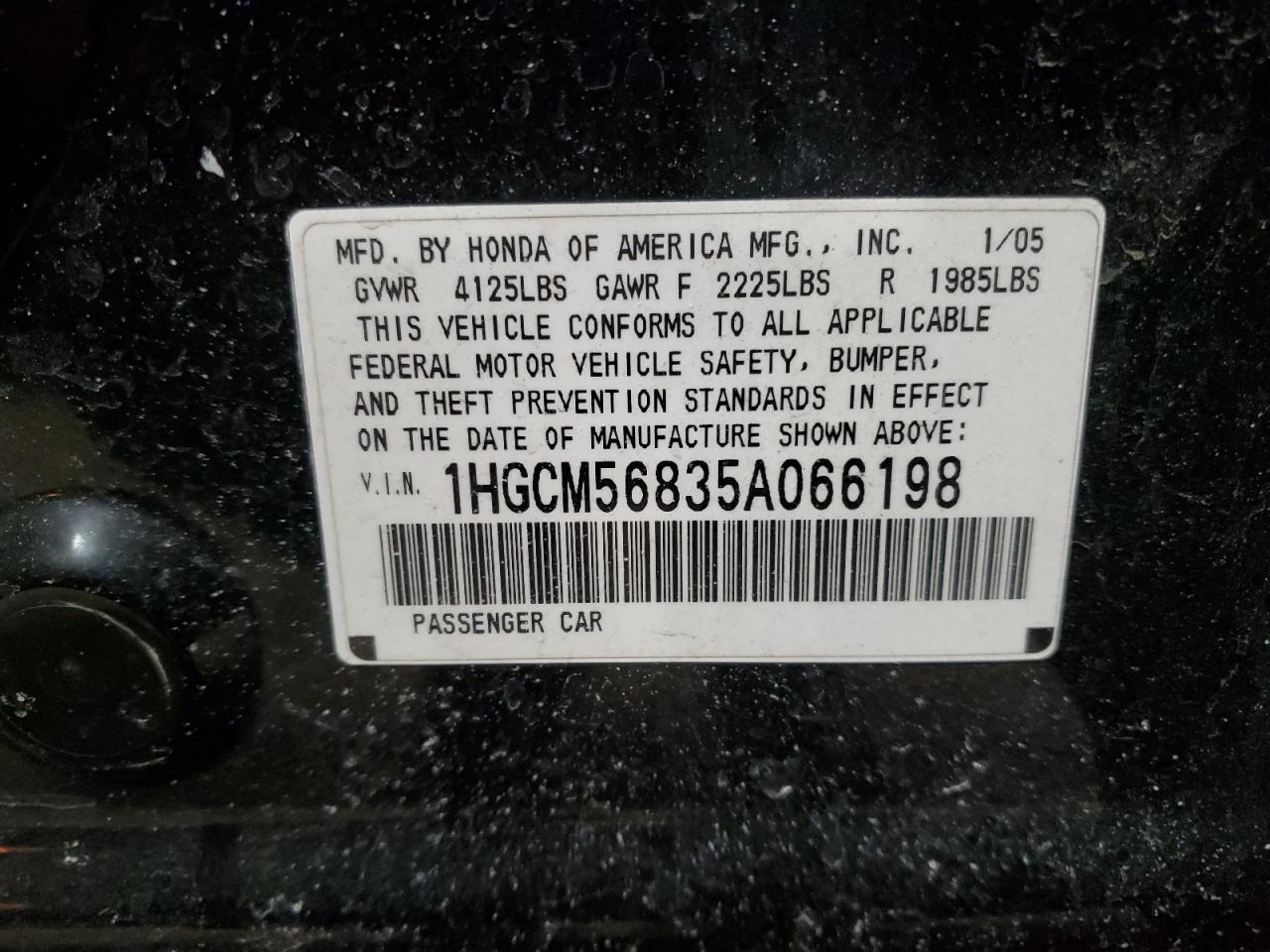 2005 Honda Accord VIN 1HGCM56835A066198 Copart auction photo, front end / rear end damage thumbnail 12