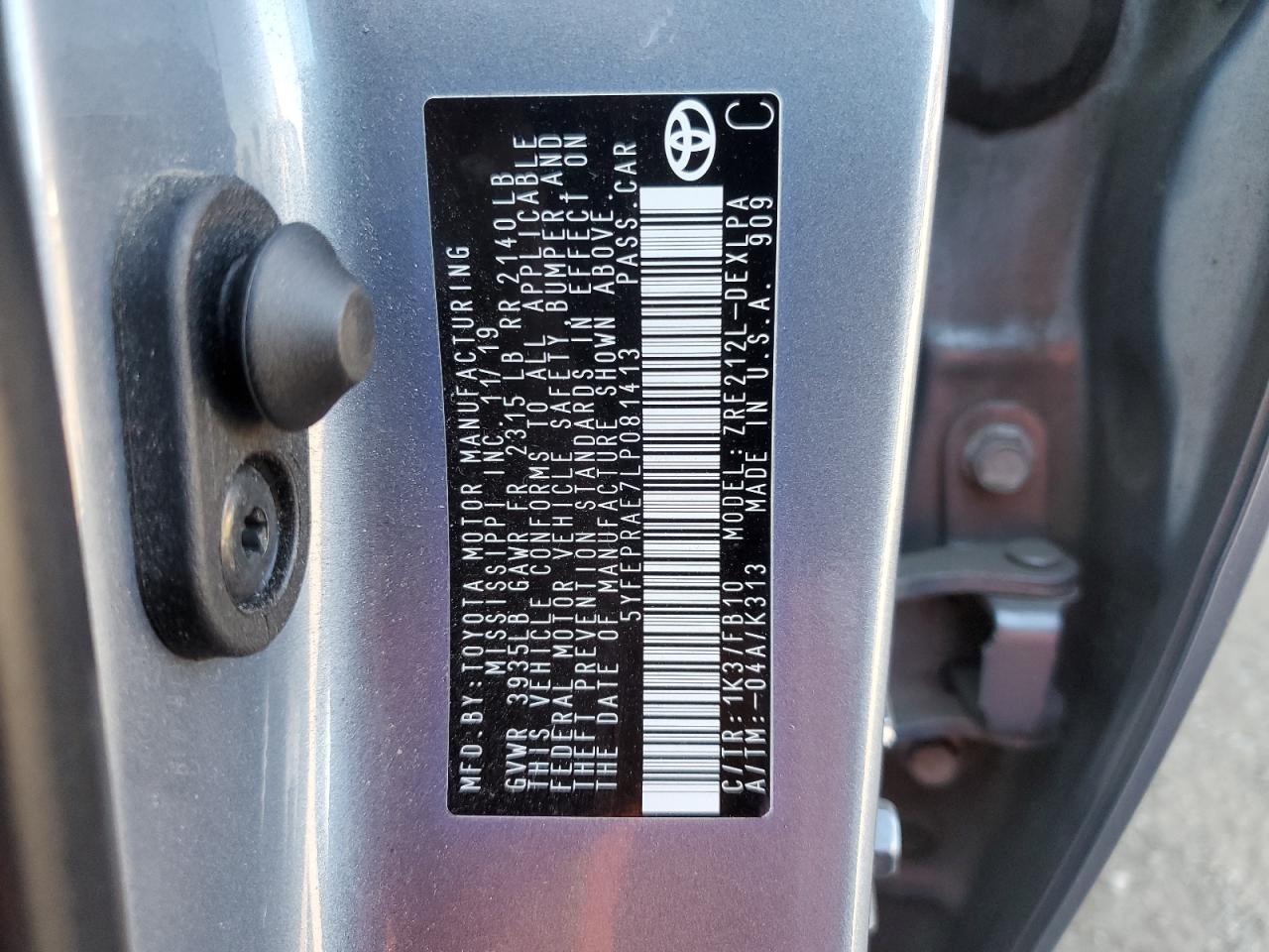 2020 Toyota Corolla VIN 5YFEPRAE7LP081413 Copart auction photo, all over / front end damage thumbnail 13