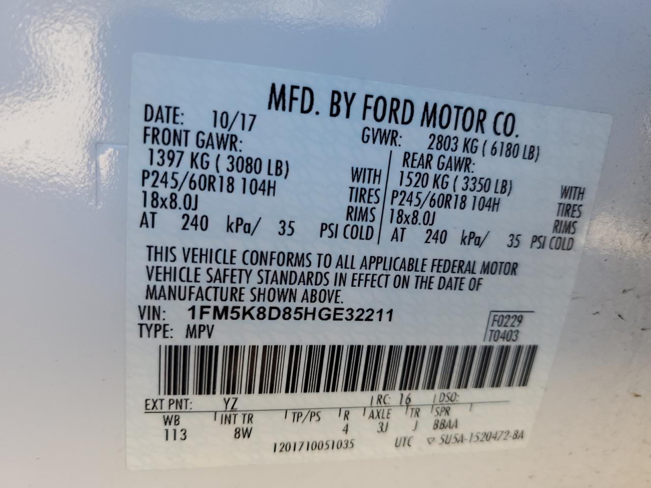 2017 Ford Explorer VIN 1FM5K8D85HGE32211 Copart auction photo, rear end / side damage thumbnail 14