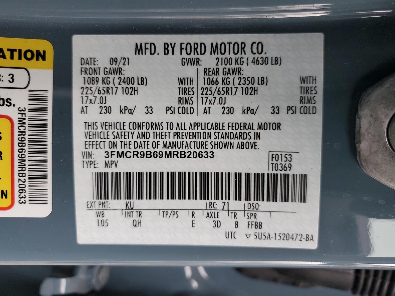 2021 Ford Bronco VIN 3FMCR9B69MRB20633 Copart auction photo, rear end / minor dent/scratches damage thumbnail 15