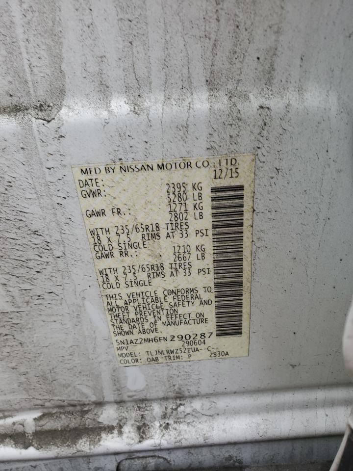 2015 Nissan Murano VIN 5N1AZ2MH6FN290287 Copart auction photo, front end / minor dent/scratches damage thumbnail 13