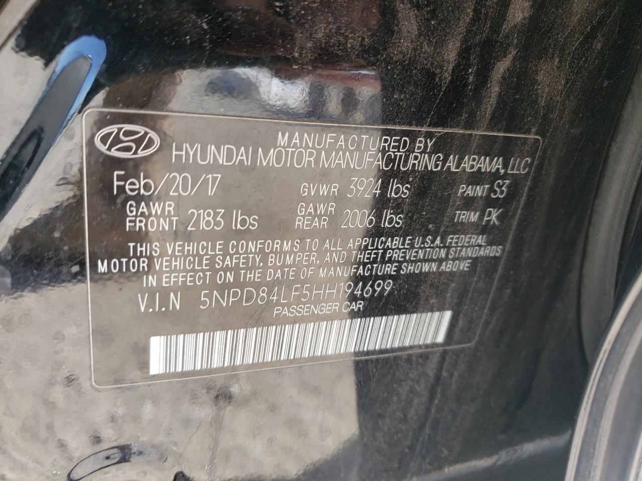 2017 Hyundai Elantra VIN 5NPD84LF5HH194699 Copart auction photo, all over damage thumbnail 14