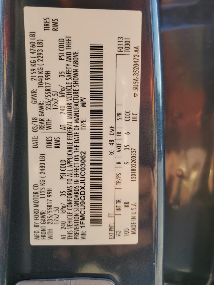 2018 Ford Escape VIN 1FMCU9GDXJUC03062 Copart auction photo, front end damage thumbnail 15