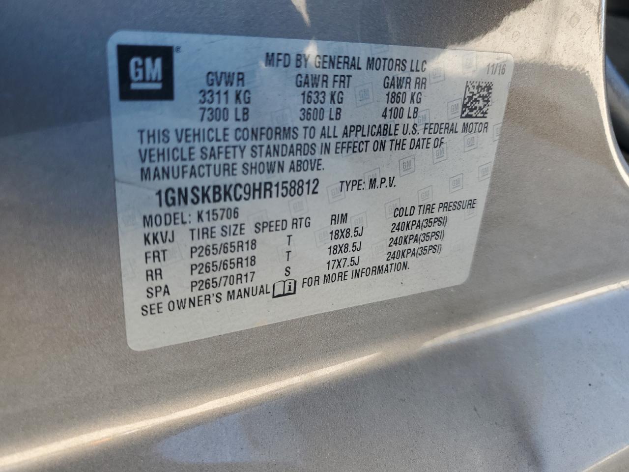 2017 Chevrolet Tahoe VIN 1GNSKBKC9HR158812 Copart auction photo, front end damage thumbnail 15