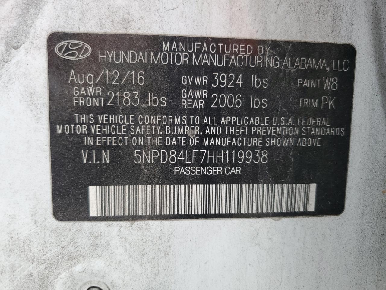 2017 Hyundai Elantra VIN 5NPD84LF7HH119938 Copart auction photo, vandalism damage thumbnail 12