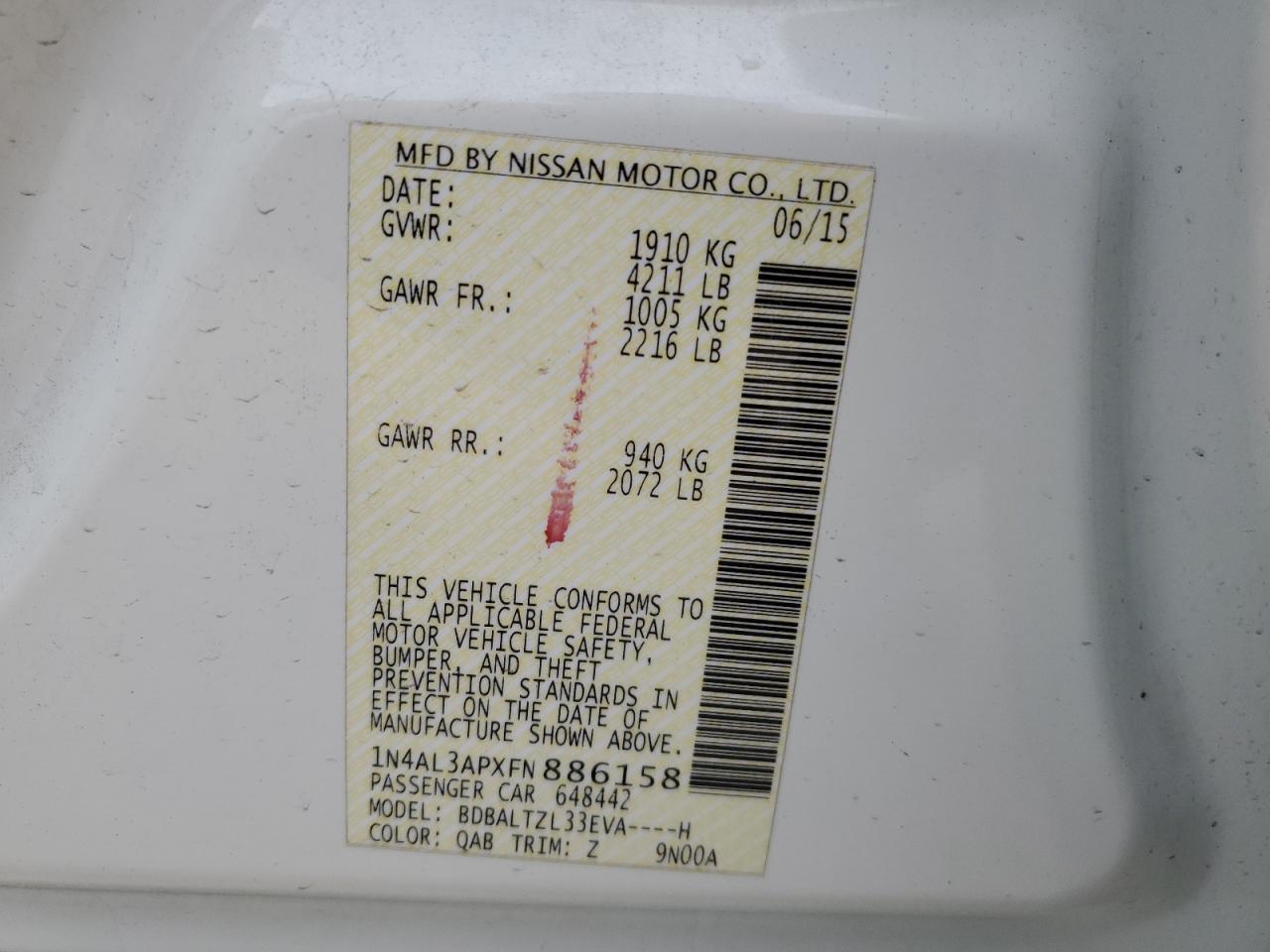 2015 Nissan Altima VIN 1N4AL3APXFN886158 Copart auction photo, rear end / minor dent/scratches damage thumbnail 12