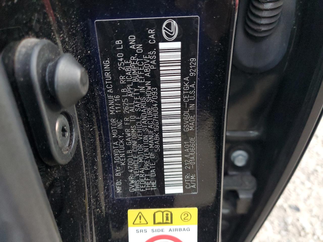 2017 Lexus ES VIN 58ABK1GG7HU047093 Copart auction photo, front end damage thumbnail 14