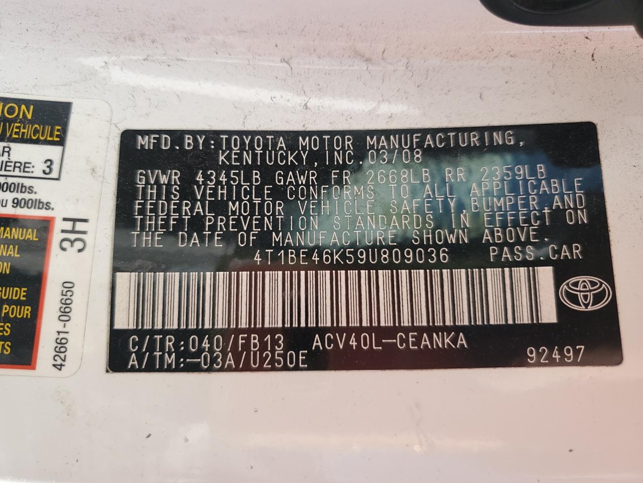 2009 Toyota Camry VIN 4T1BE46K59U809036 Copart auction photo, front end damage thumbnail 13