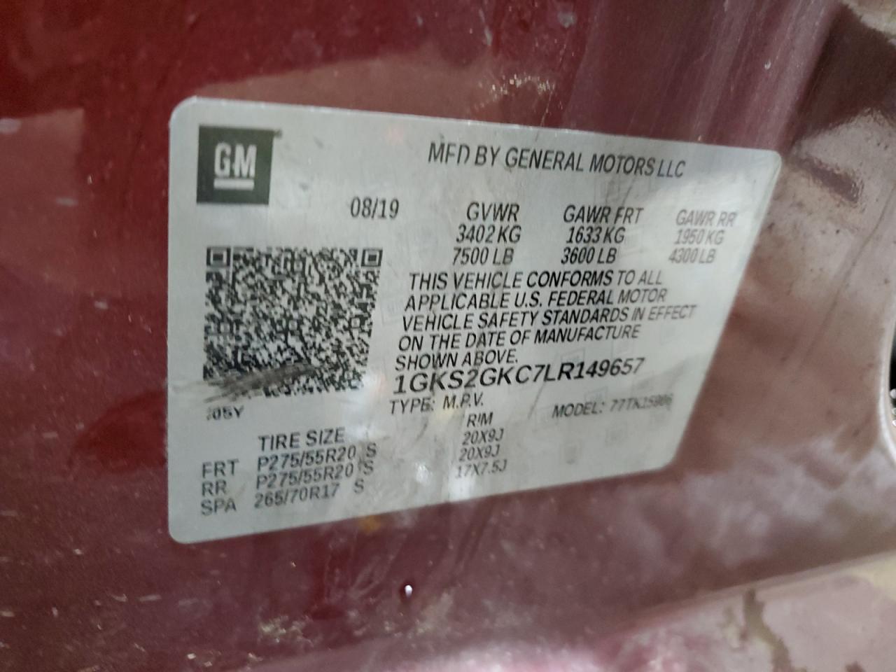 2020 GMC Yukon VIN 1GKS2GKC7LR149657 Copart auction photo, rollover / mechanical damage thumbnail 15