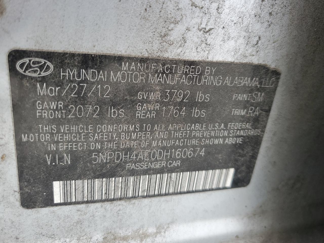 2013 Hyundai Elantra VIN 5NPDH4AE0DH160674 Copart auction photo, mechanical / minor dent/scratches damage thumbnail 12