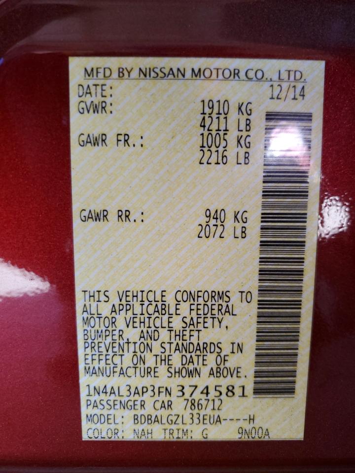 2015 Nissan Altima VIN 1N4AL3AP3FN374581 Copart auction photo, mechanical / minor dent/scratches damage thumbnail 12