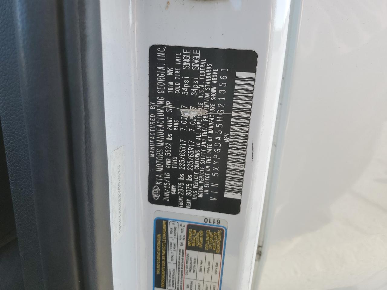 2017 KIA Sorento VIN 5XYPGDA55HG213561 Copart auction photo, front end damage thumbnail 13