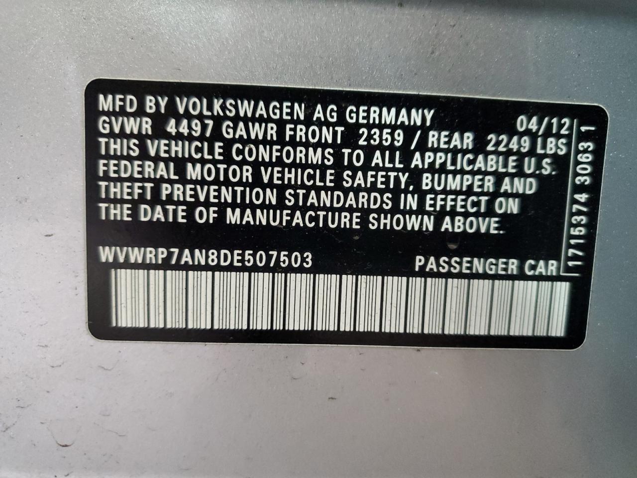2013 Volkswagen Passat CC VIN WVWRP7AN8DE507503 Copart auction photo, rear end / side damage thumbnail 12
