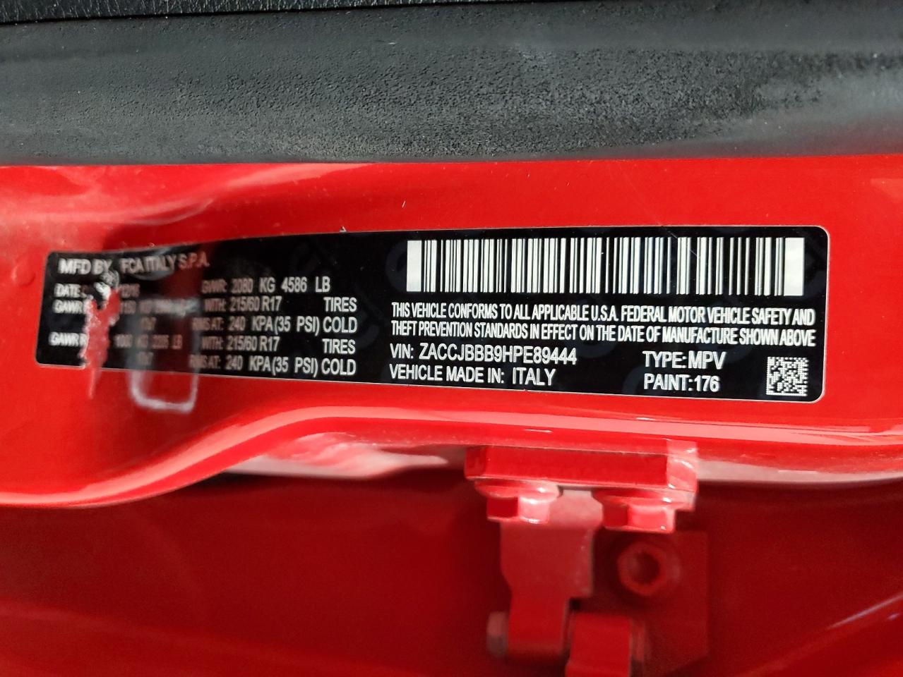 2017 Jeep Renegade VIN ZACCJBBB9HPE89444 Copart auction photo, front end / side damage thumbnail 13