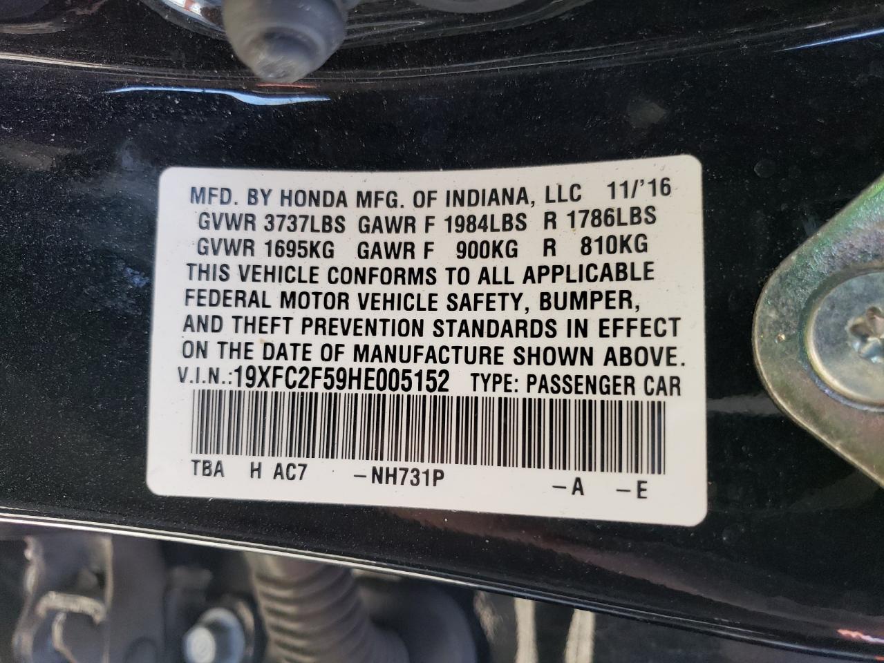 2017 Honda Civic VIN 19XFC2F59HE005152 Copart auction photo, rear end / front end damage thumbnail 13