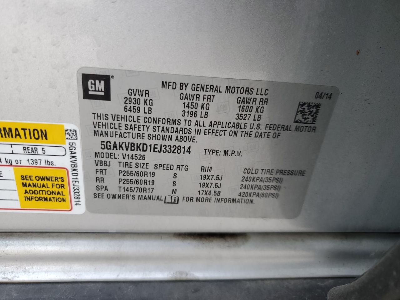 2014 Buick Enclave VIN 5GAKVBKD1EJ332814 Copart auction photo, front end / minor dent/scratches damage thumbnail 13