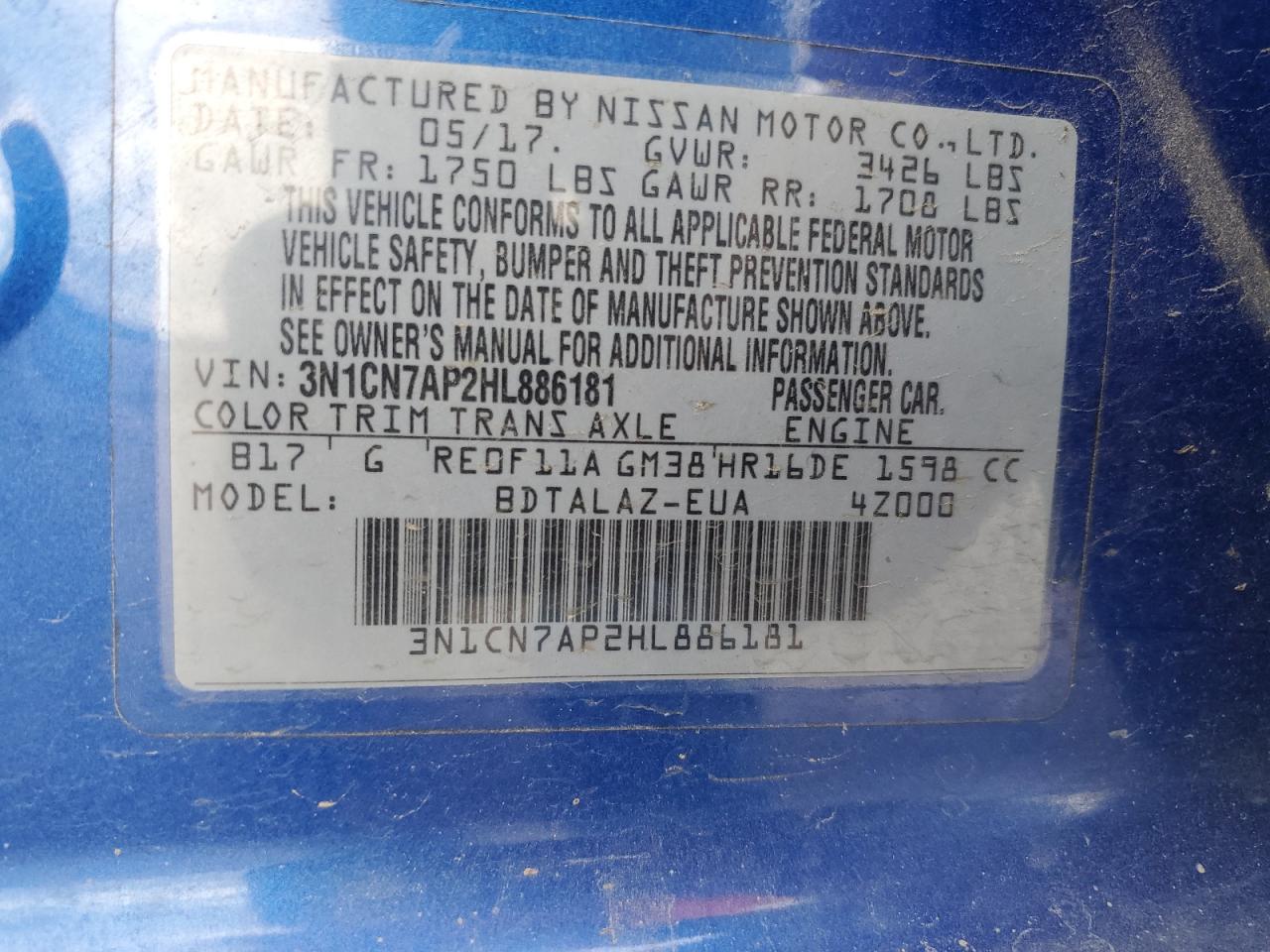 2017 Nissan Versa VIN 3N1CN7AP2HL886181 Copart auction photo, front end / minor dent/scratches damage thumbnail 13