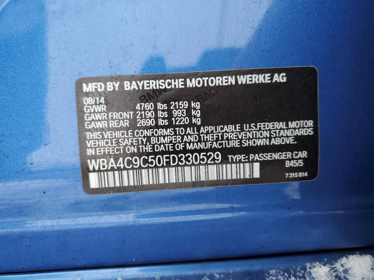 2015 BMW 4er VIN WBA4C9C50FD330529 Copart auction photo, front end / minor dent/scratches damage thumbnail 12