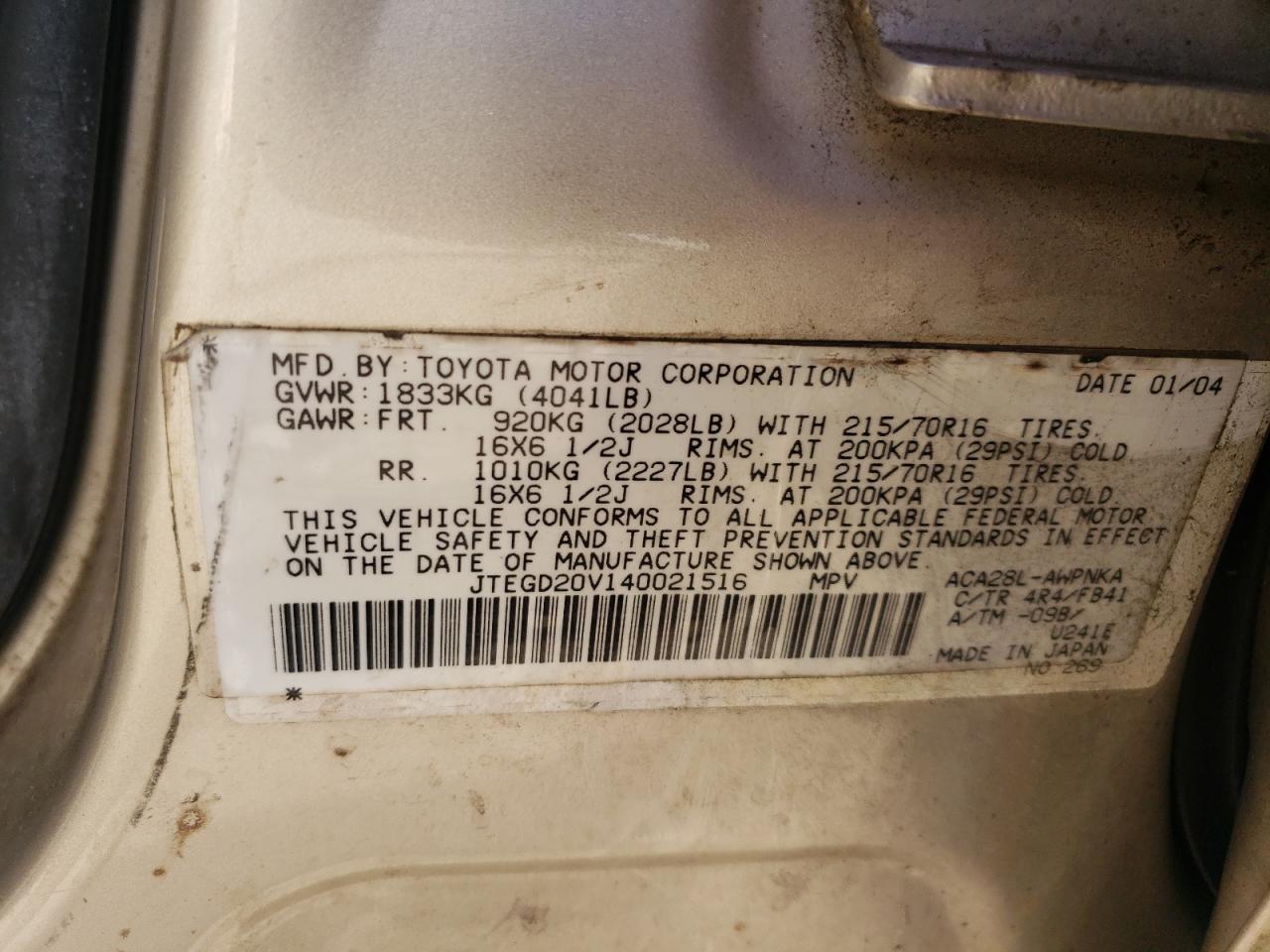 2004 Toyota RAV 4 VIN JTEGD20V140021516 Copart auction photo, front end damage thumbnail 14
