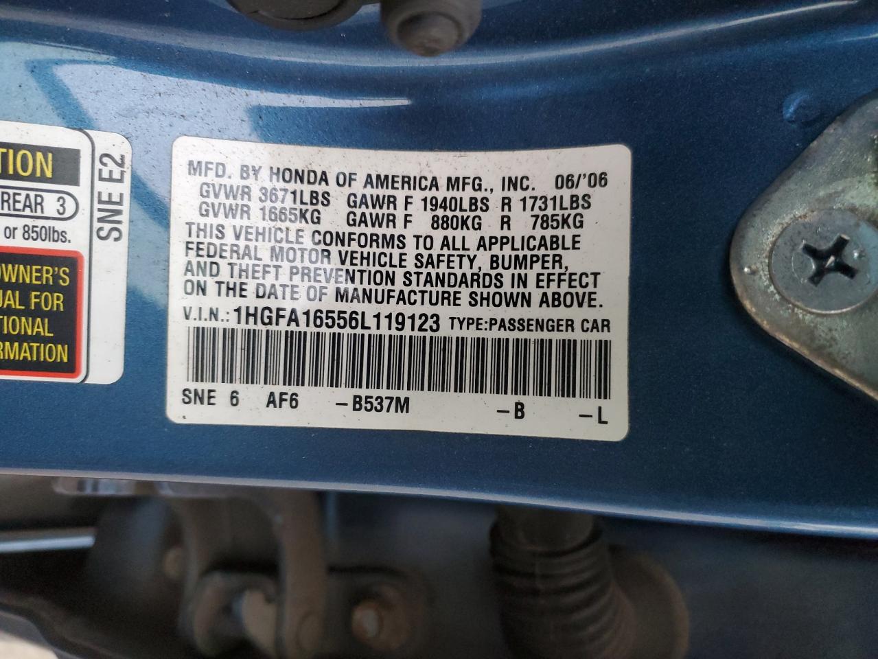 2006 Honda Civic VIN 1HGFA16556L119123 Copart auction photo, front end / side damage thumbnail 13