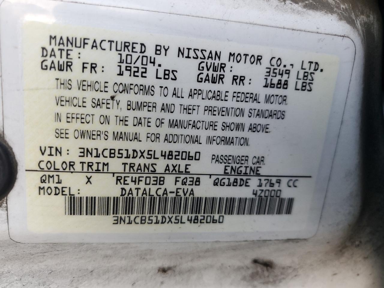 2005 Nissan Sentra VIN 3N1CB51DX5L482060 Copart auction photo, all over damage thumbnail 12