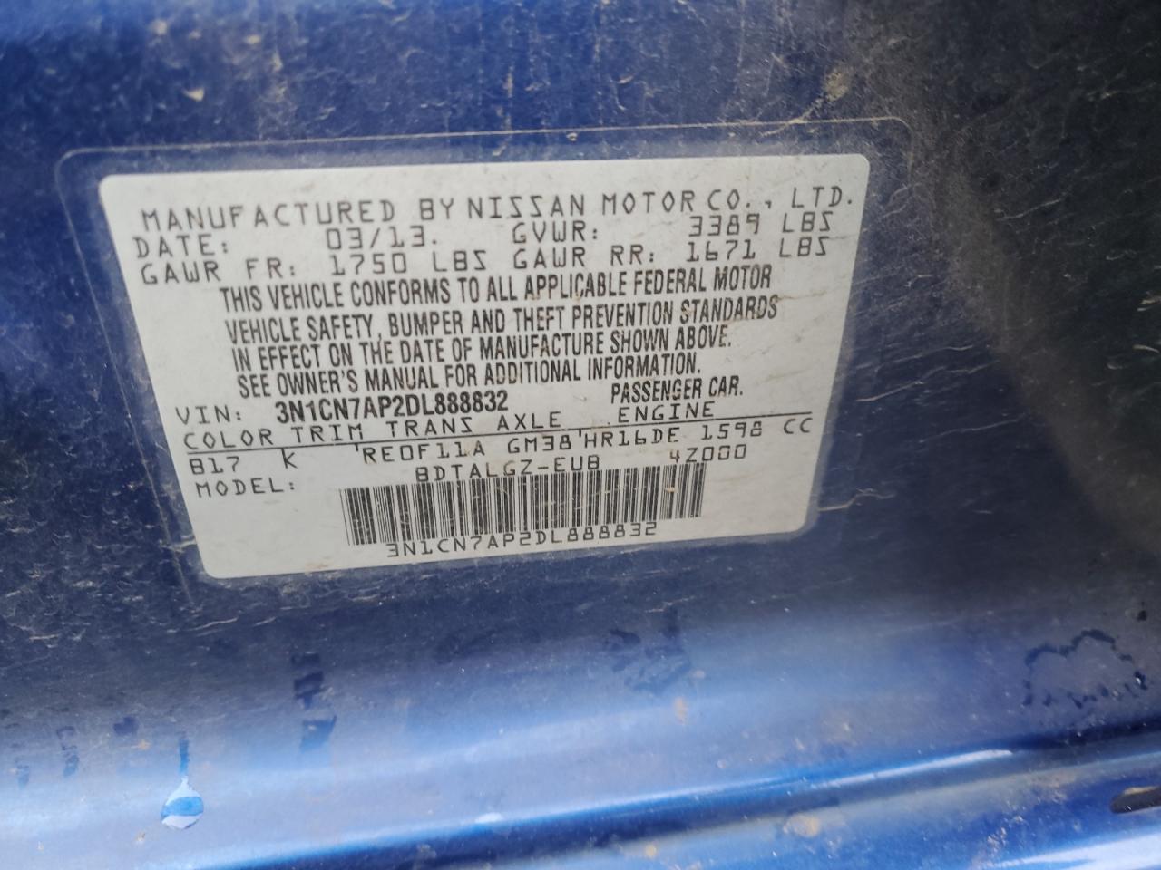 2013 Nissan Versa VIN 3N1CN7AP2DL888832 Copart auction photo, front end / side damage thumbnail 15