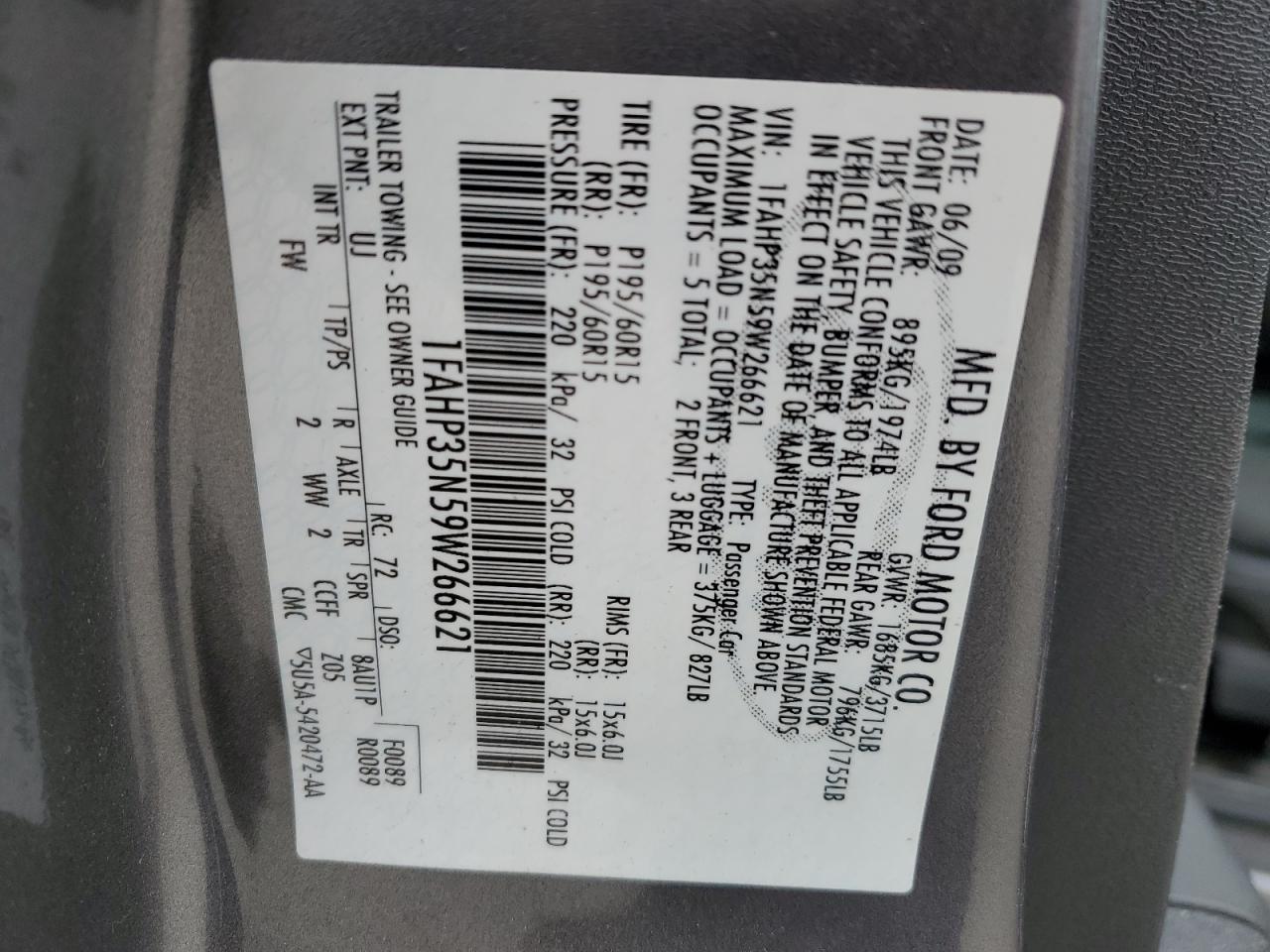 2009 Ford Focus VIN 1FAHP35N59W266621 Copart auction photo, front end / rear end damage thumbnail 14