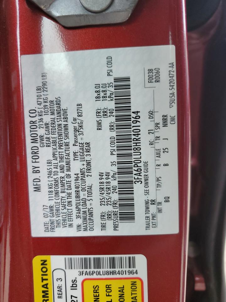 2017 Ford Fusion VIN 3FA6P0LU8HR401964 Copart auction photo, front end damage thumbnail 12