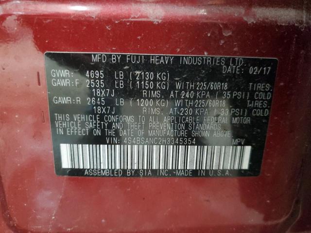 2017 Subaru Outback VIN 4S4BSANC2H3345354 Copart auction photo, front end / side damage thumbnail 12