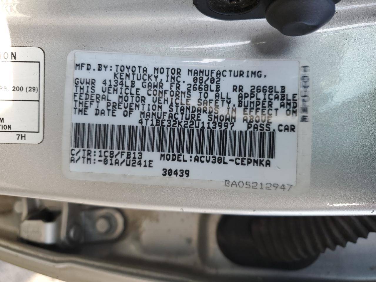 2002 Toyota Camry VIN 4T1BE32K22U113997 Copart auction photo, side / front end damage thumbnail 12