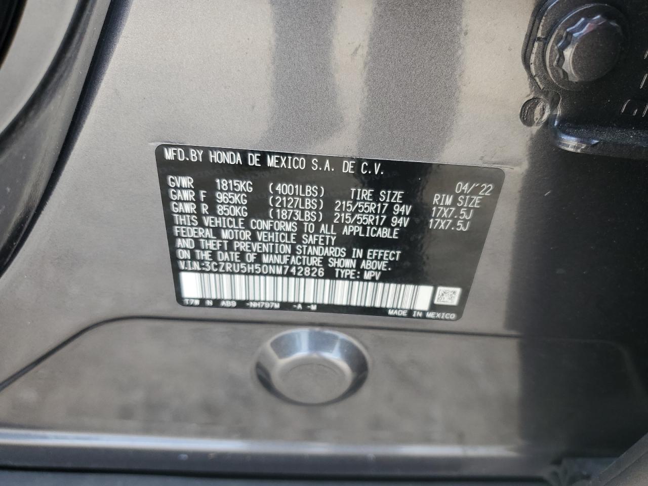 2022 Honda HR-V VIN 3CZRU5H50NM742826 Copart auction photo, side / front end damage thumbnail 13