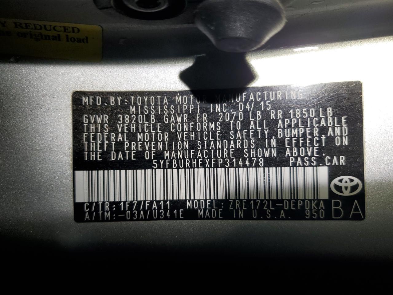 2015 Toyota Corolla VIN 5YFBURHEXFP314478 Copart auction photo, front end / side damage thumbnail 12