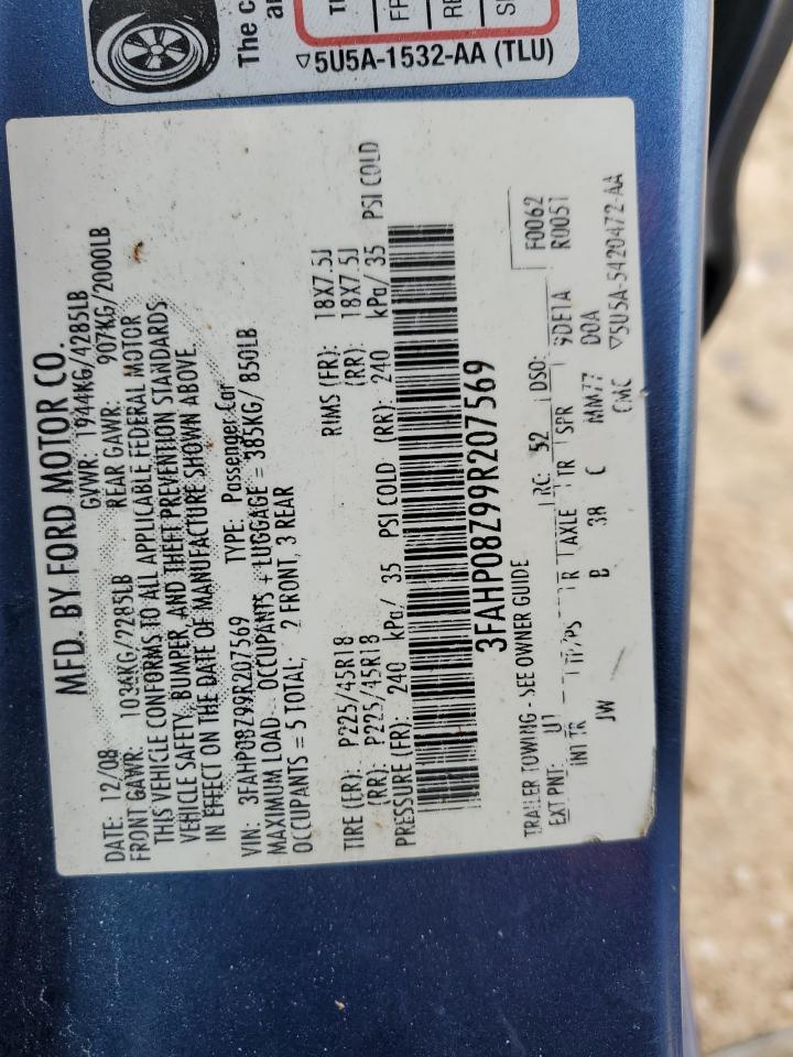 2009 Ford Fusion VIN 3FAHP08Z99R207569 Copart auction photo, front end / rear end damage thumbnail 12