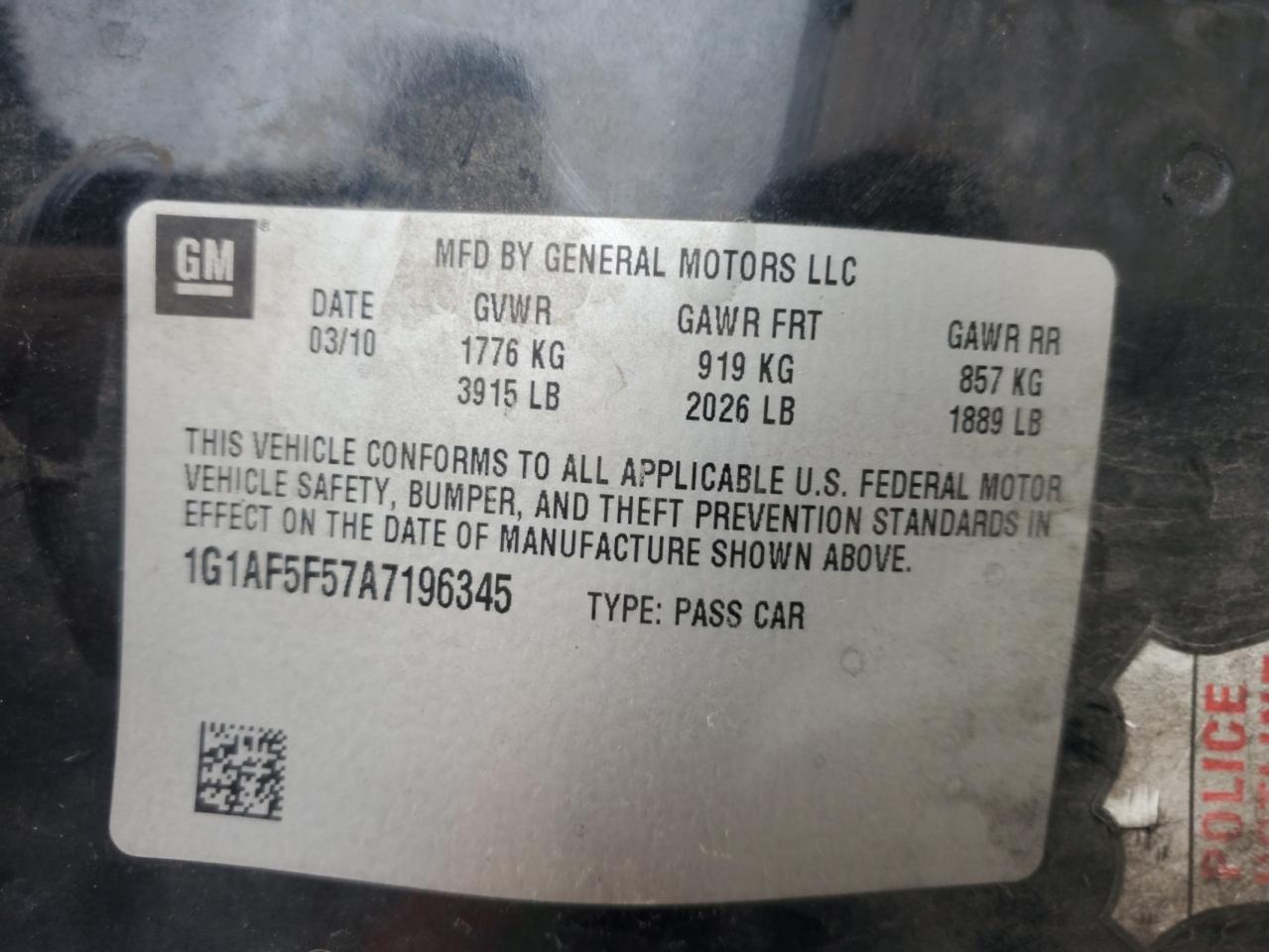 2010 Chevrolet Cobalt VIN 1G1AF5F57A7196345 Copart auction photo, front end damage thumbnail 14