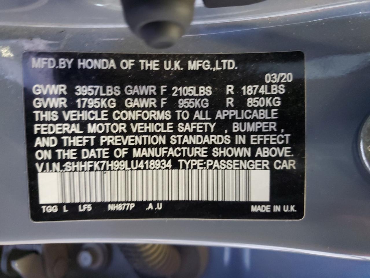 2020 Honda Civic VIN SHHFK7H99LU418934 Copart auction photo, front end / side damage thumbnail 12