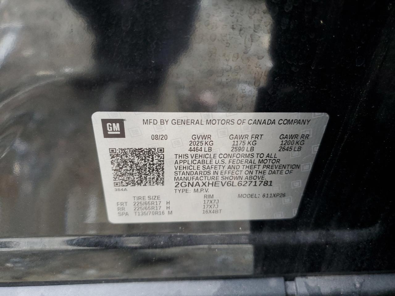 2020 Chevrolet Equinox VIN 2GNAXHEV6L6271781 Copart auction photo, front end damage thumbnail 14
