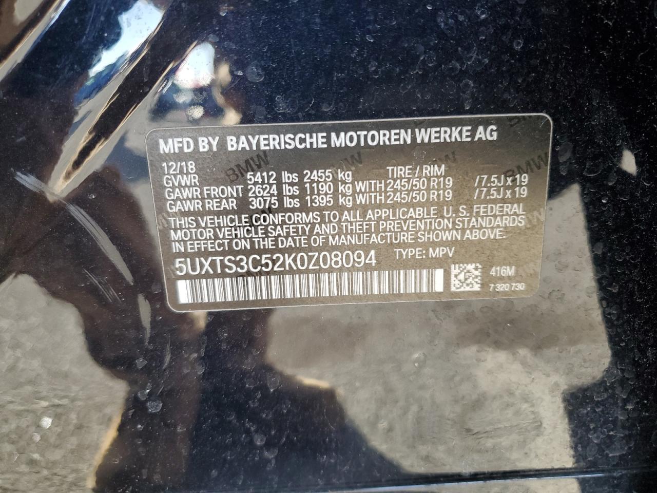 2019 BMW X3 VIN 5UXTS3C52K0Z08094 Copart auction photo, front end / undercarriage damage thumbnail 13