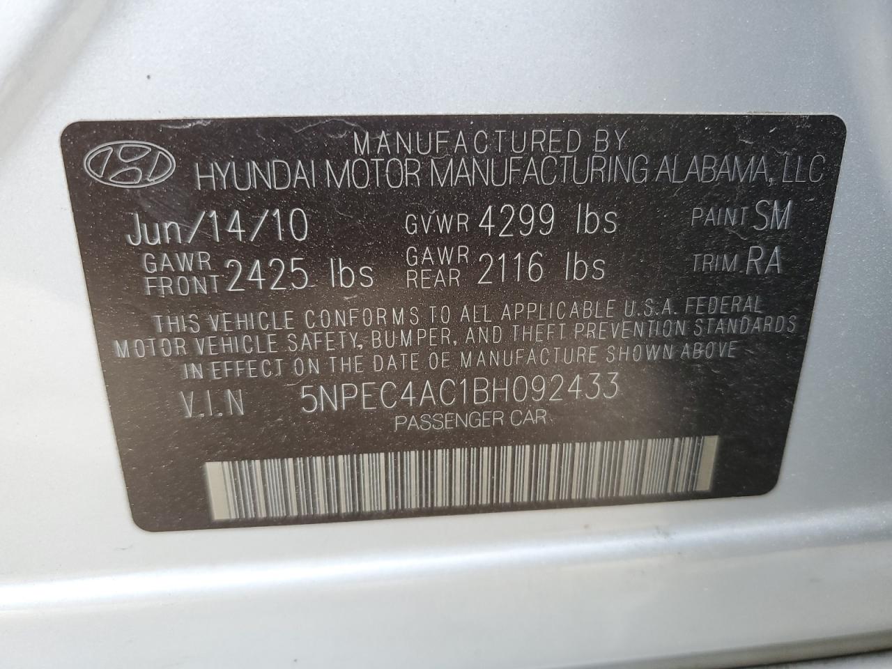 2011 Hyundai Sonata VIN 5NPEC4AC1BH092433 Copart auction photo, side / rear end damage thumbnail 13