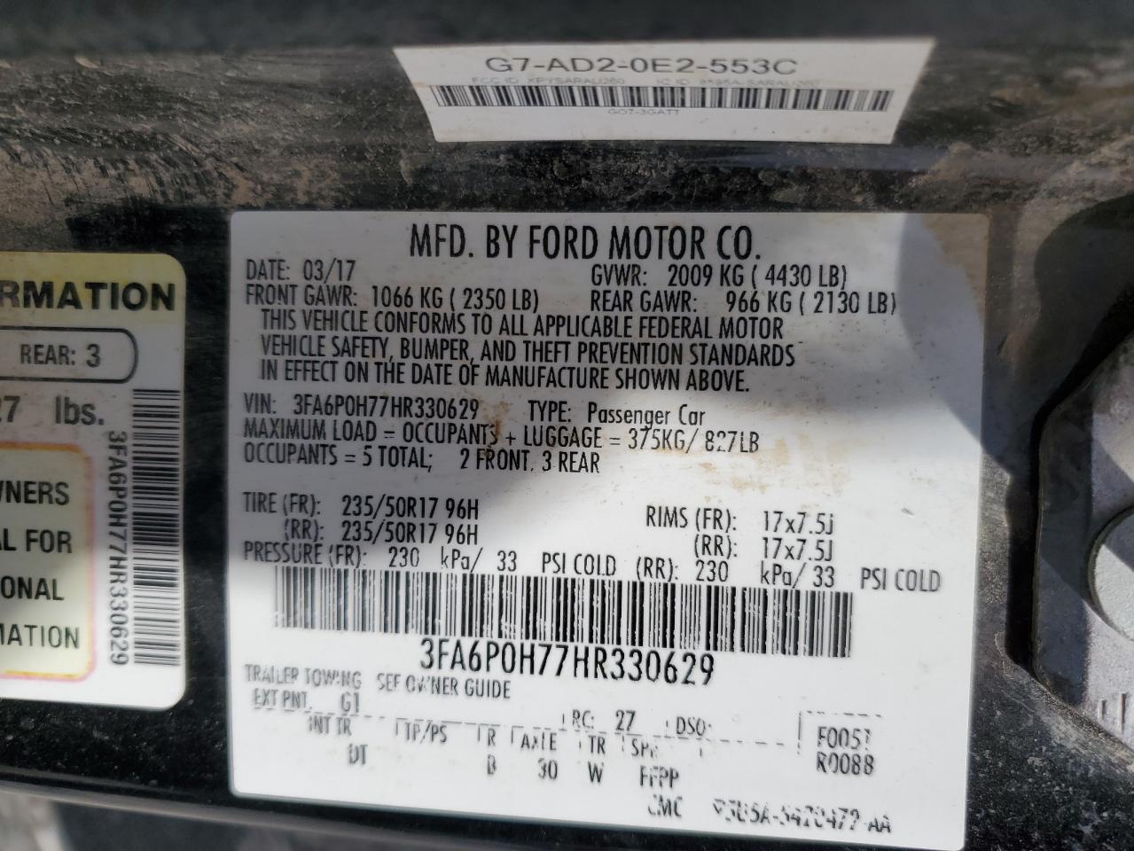2017 Ford Fusion VIN 3FA6P0H77HR330629 Copart auction photo, front end damage thumbnail 14