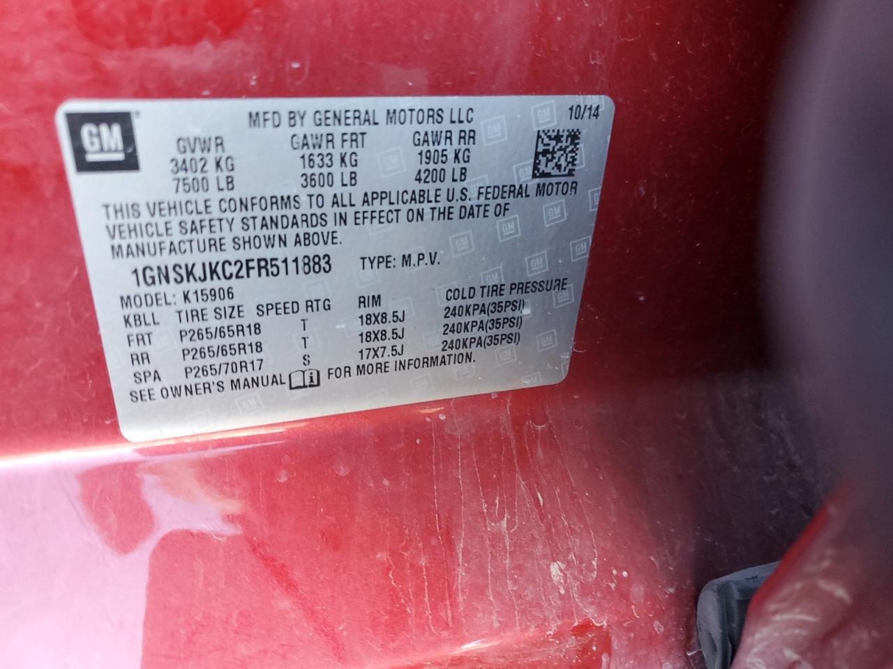 2015 Chevrolet Suburban VIN 1GNSKJKC2FR511883 Copart auction photo, all over damage thumbnail 14