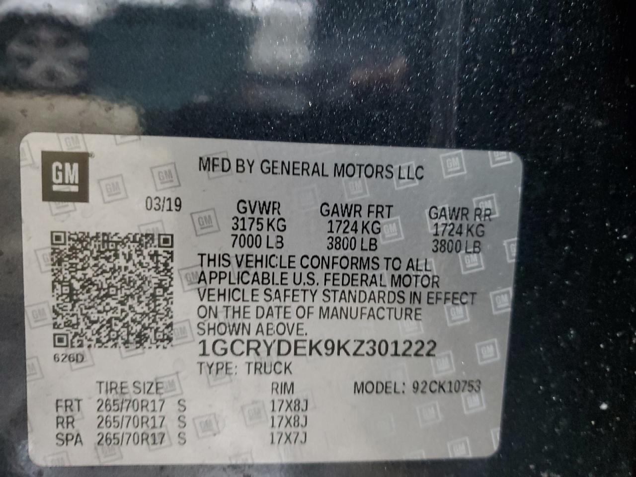 2019 Chevrolet Silverado VIN 1GCRYDEK9KZ301222 Copart auction photo, front end / minor dent/scratches damage thumbnail 12