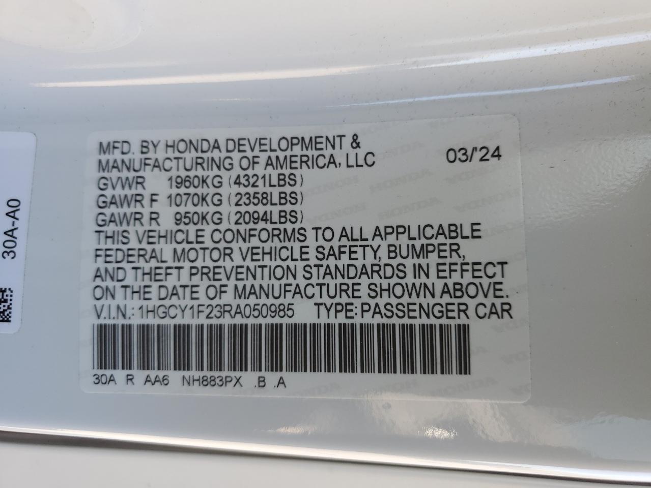 2024 Honda Accord VIN 1HGCY1F23RA050985 Copart auction photo, front end damage thumbnail 14